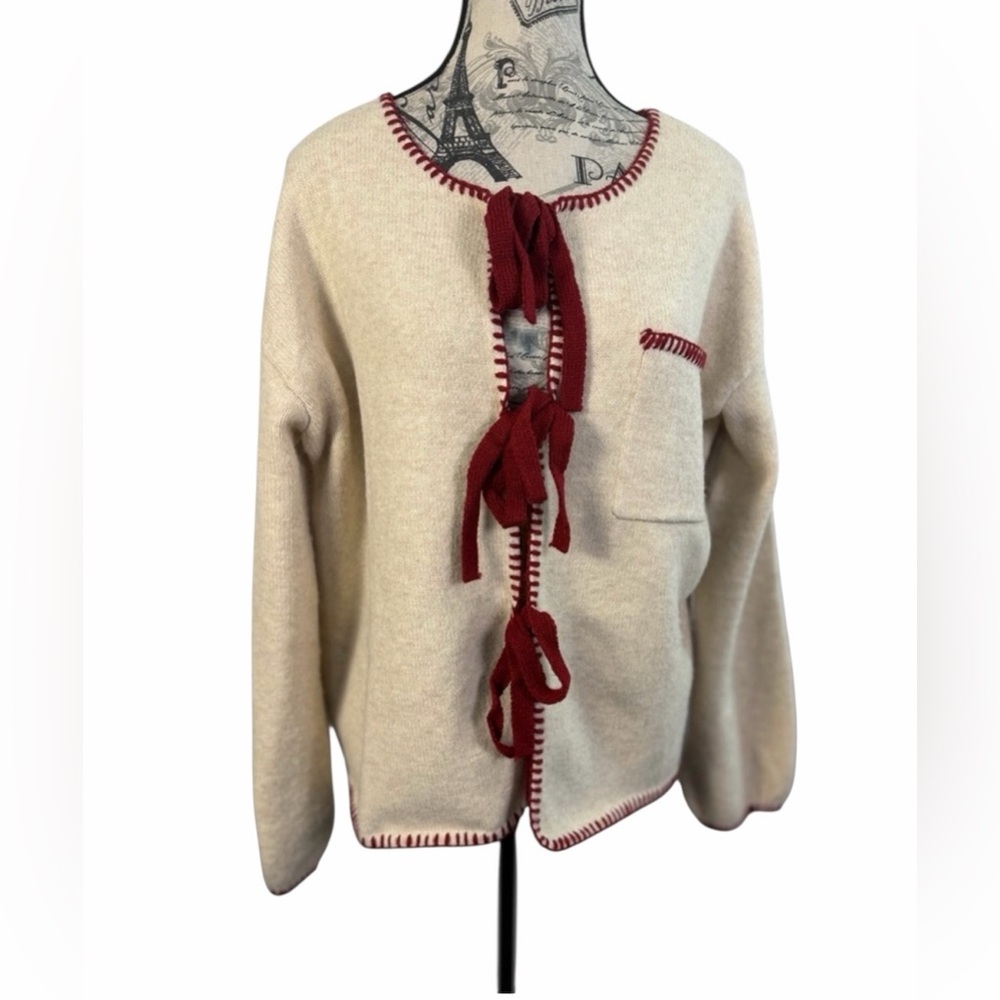 Sunday Edition Tie Front Cardigan Women Small Cream Burgundy Trim Cozy Boutique - Picture 2 of 11